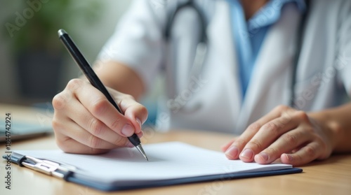 Therapist hand writing notes closeup blurred patient therapy session