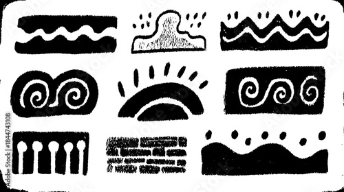 Hand-drawn silhouette illustrations featuring wave and swirl patterns. Black outline art showcases decorative elements in a modern vector set.