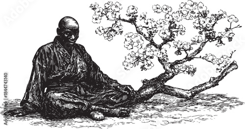 Buddhist monk silhouette sitting under a flowering tree. Vintage vector illustration emphasizing nature and tranquility.