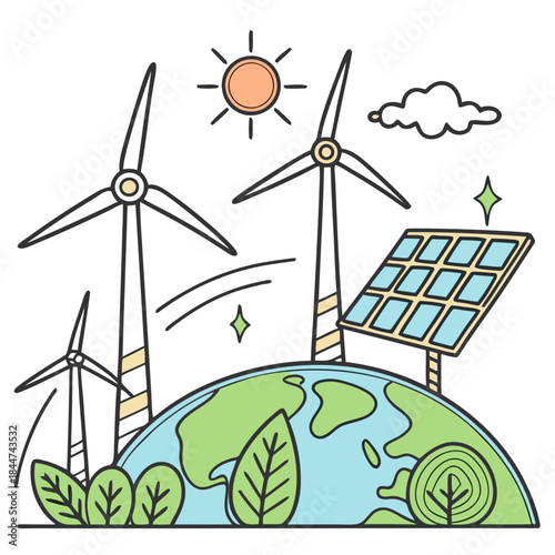 A clean energy illustration showing wind turbines and a solar panel generating power for a sustainable earth.