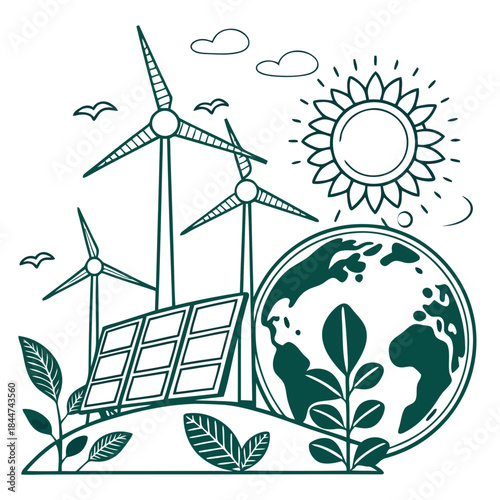Illustration of green energy sources for a sustainable future on earth