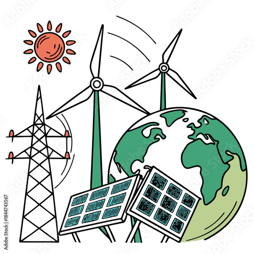 Renewable energy sources like sun, wind, and solar panels powering the earth