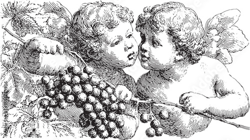 Vintage illustration of two children enjoying grapes. A classic black and white vector set capturing innocence and charm.