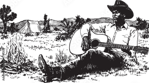 Musician playing guitar by a campfire. Black and white vector illustration features a cowboy in a natural landscape with a tent nearby.