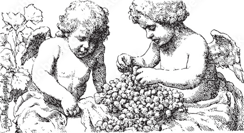 Two children, depicted as angels, share grapes in a vintage watercolor illustration. This charming set captures a beautiful outdoor moment.