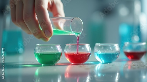 Hand dropping blue green red liquids into multi colored petri dish