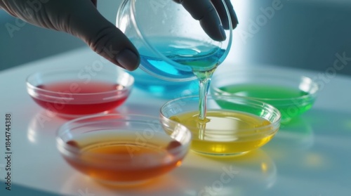 Hand dropping blue green red liquids into multi colored petri dish