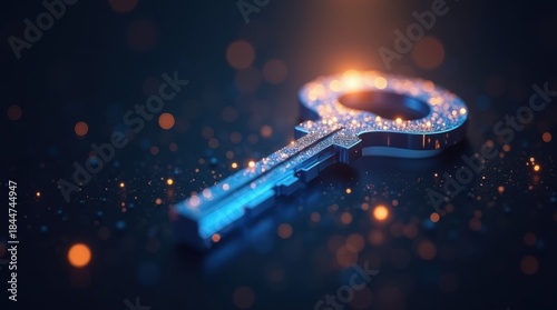 Golden key on shimmering blue background sparkling bokeh lights