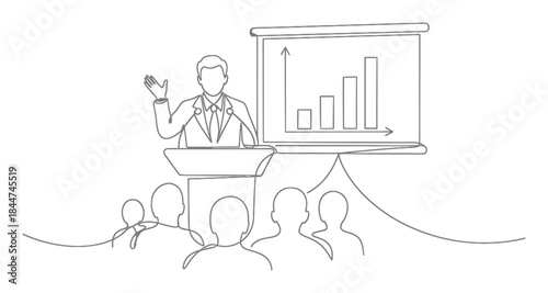 Minimalist Continuous Line Art Illustration of Public Speaking Presentation, Elegant Single Line Drawing
