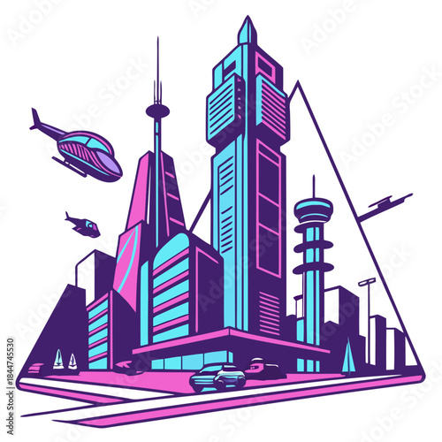 A futuristic cityscape illustration with tall skyscrapers and flying vehicles in a synthwave style.
