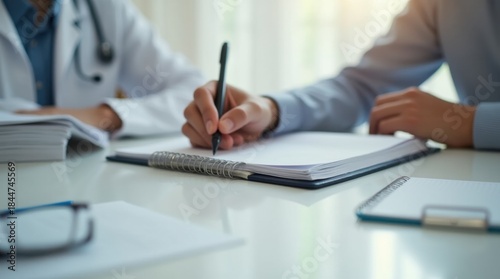 Psychologist pen on open notebook during patient consultation closeup