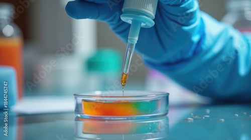 Scientist pipetting colorful liquid drops into vibrant petri dish
