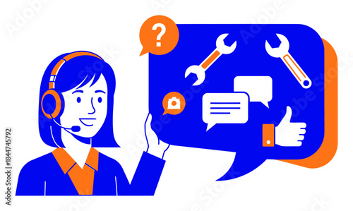 Duotone Vector Illustration: Modern Customer Service Support, High Contrast Two-Color Design