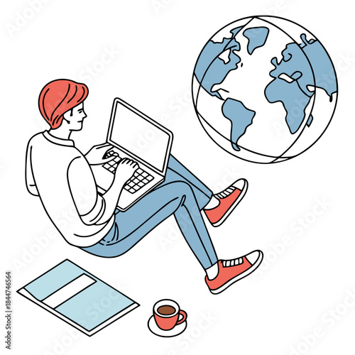 An individual working on a laptop with a coffee cup, symbolizing remote work and global connection