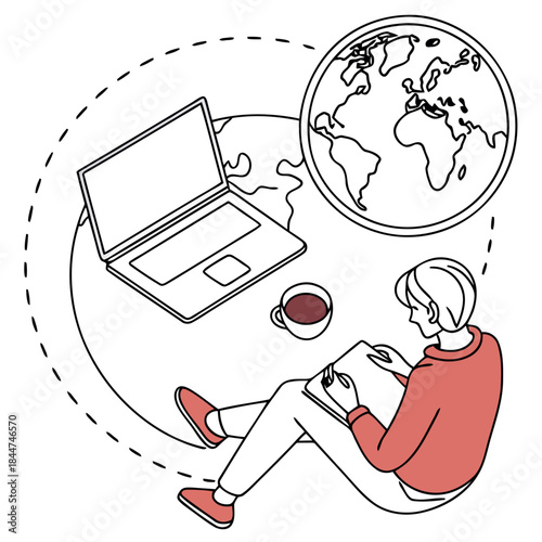 Remote work and study illustration featuring a person, laptop, and a world map