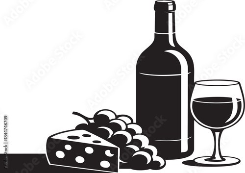 Elegant black and white still life featuring wine bottle, glass, grapes, and cheese, creates a sophisticated and minimalist graphic design