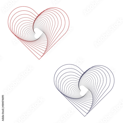 A digital rendering of two abstract hearts made from concentric lines creating an optical illusion