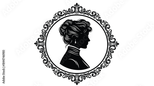 An elegant silhouette of a woman s profile within an ornate decorative oval frame design