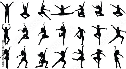 Large Collection of Dynamic Dancer and Ballerina Silhouettes Performing Various Graceful Poses, Stretches, and Leaps for Dance Studio Advertising, 