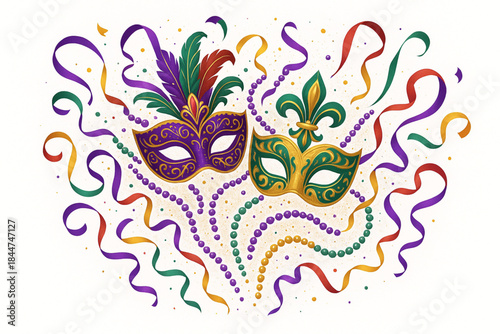 Ornate Carnival Mask Explosion Vector with Beads, Glitter, and Dynamic Composition on White Background