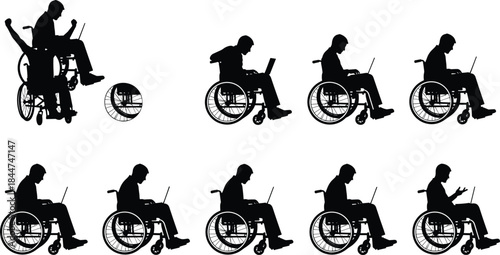 Wheelchair Users Working and Celebrating Success Silhouette Set, Representing Empowerment, Independence, Technology, Remote Work, and Disability Inclusion Vector Graphics