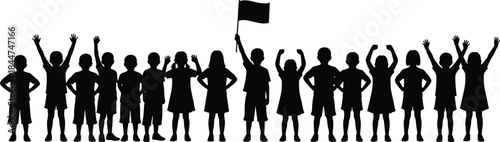 Large Group of Diverse Children Silhouettes Cheering, One Child Leading with a Flag, Representing Youth Teamwork, Unity, Success, and Energetic Group Activity Vector Graphic