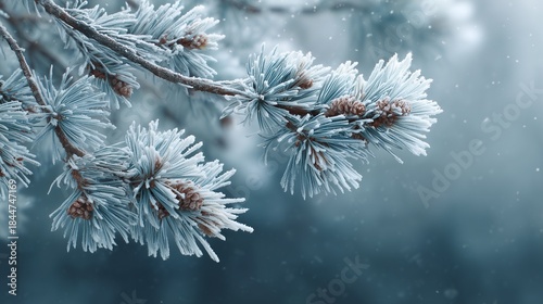 Snow covered pine branches. Christmas background with frosted pine branches.