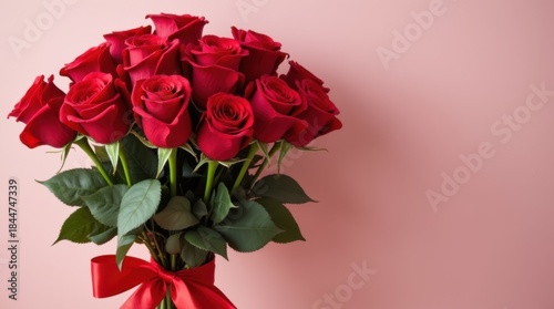 Valentine's Day red rose bouquet tied with satin ribbon