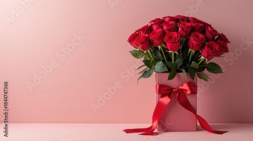 Valentine's Day red rose bouquet tied with satin ribbon