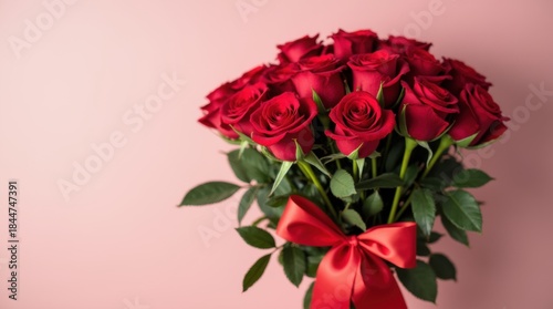 Valentine's Day red rose bouquet tied with satin ribbon