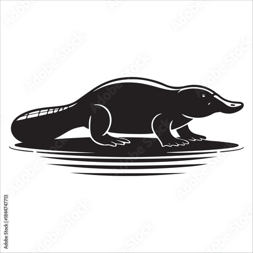Black silhouette of a platypus swimming in water with ripples