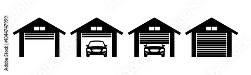 Garage with roller shutter doors. Black silhouette. Front view. Vector simple flat graphic illustration. Isolated object on a white background.
