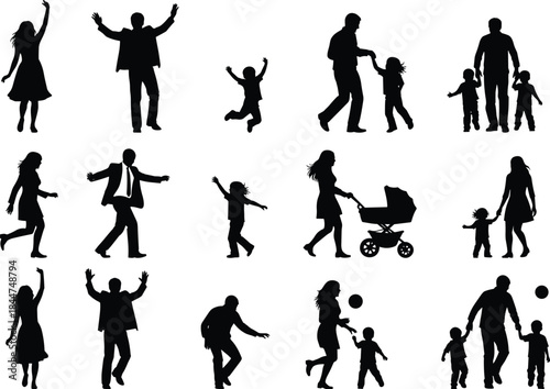 Collection of family life silhouettes, depicting parents and children engaging in activities like walking, playing, dancing, and caring for a baby carriage, representing love and togetherness.