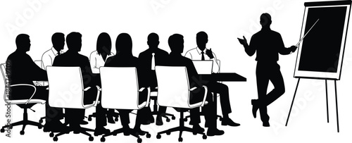 Business training, professional conference, seminar, or workshop presentation silhouette, diverse group attending meeting in modern office setting, corporate education, executive coaching, 