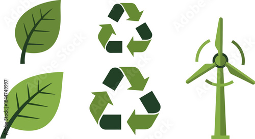 Green energy and ecology icons leaves, recycling symbols, and wind turbine for sustainable environment concepts