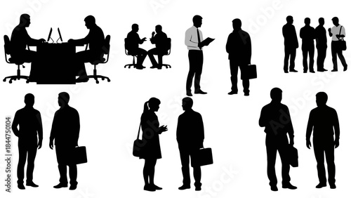Collection of business people silhouettes in various professional settings and poses, including meetings, discussions, and standing figures with briefcases