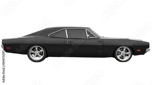 Black classic muscle car side view isolated on white background for automotive design