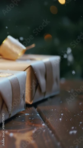 Santa Claus Gently Placing Beautifully Wrapped Christmas Gifts on a Wooden Table with Snowfall and Warm Festive Lighting for Holiday Advertising, Magical Seasonal Branding, and Commercial Christmas Vi