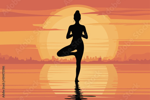 Yoga Silhouette in Peaceful Sunset Reflection for Inner Calm