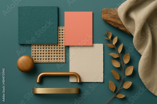 Aesthetic mood board combining teal, natural wood, and gold hardware for interior inspiration