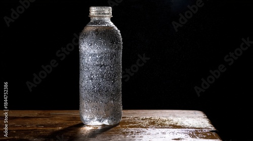 Clear Glass Water Bottle With Condensation On Rustic Wooden Table In Studio
