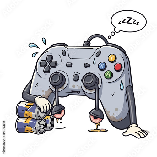 Exhausted video game controller character with soda cans and drooping eyes isolated on transparent background isolated on white background