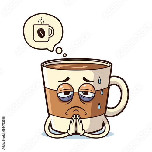 Tired cartoon coffee cup character praying for energy isolated on transparent background isolated on white background