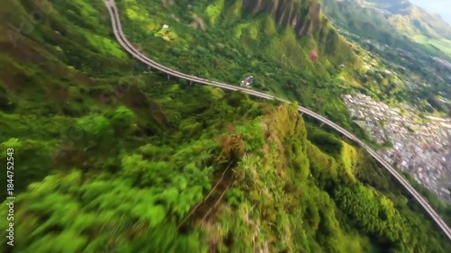 High-speed FPV drone dive own the Haiku Stairs in Haaii.