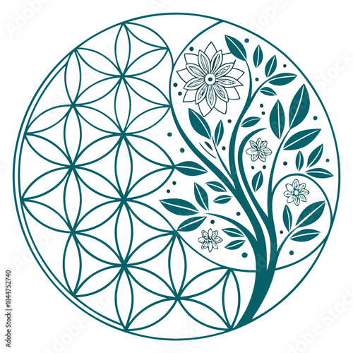 Teal flower of life design with tree and flowers on white background