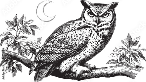 Owl perched on a branch amidst leaves, featuring a vintage black and white vector illustration. The detailed artwork captures the essence of nature.