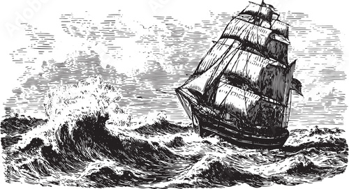 Vintage ship sailing on ocean waves, depicted in a classic black and white illustration. This nautical vector artwork conveys a sense of exploration.