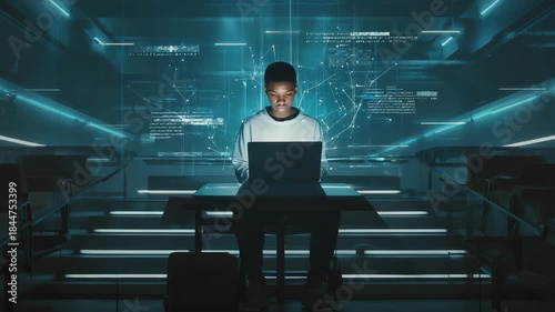 Focused young professional uses laptop at modern office desk, working diligently in a brightly lit, contemporary workspace environment.
