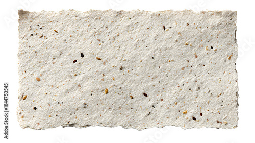 Handmade seed paper with rough texture and flecks of pink, black, and brown on a white background, eco friendly and sustainable material for crafting and art projects