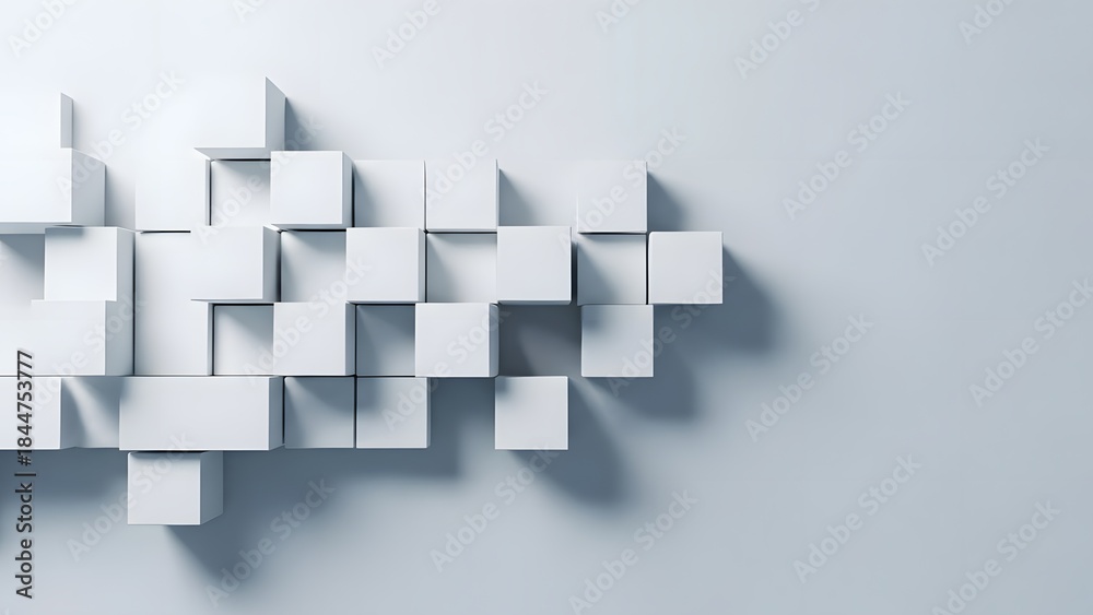 Obraz premium Geometric Cubes Composition: A minimalist and modern composition showcases a cluster of pristine, three-dimensional cubes arranged on a smooth surface, creating a visually compelling abstract design.